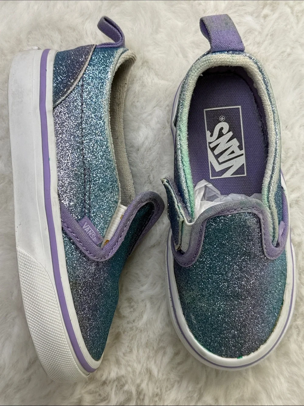 Vans Classic Slip-On Toddler 8 Glitter Iridescent Blue Purple Sparkle Shoes
